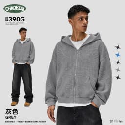 Waffle Knit Full Zip Hoodie for Men Vintage Washed Hooded Sweatshirt Casual Loose Cotton Kangaroo Pocket Streetwear Clothes