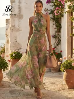 SINGREINY Elegant Green Floral Halter Chiffon Maxi Dresses Trendy Sleeveless A-line 2026 Women Floral Wedding Guest Party Dress