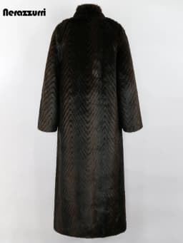 Nerazzurri Winter Extra Long Thick Warm Luxury Elegant Striped Fluffy Faux Mink Fur Coat Women Stand Collar Maxi Overcoat 2022