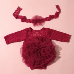 Ylsteed 2 Pieces Set Dusty Pink Newborn Lace Romper for Photo Shooting Fluffy Mesh Lace Photography Outfits with Headband