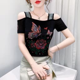 New Designer Hot Diamond Mesh T-Shirt Women Korean Style Sexy Off Shoulder Slim Tee Summer Casual Streetwear Tops