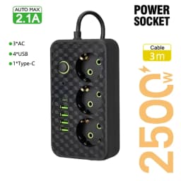 EU Plug AC Outlet Multitap Power Strip 2m Extension Cord Electrical Socket USB for Home Office Surge Protector Network Filter