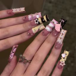 24pcs Y2K Sweet Stars Press On Nails Blue Brown Stripes French Style False Nails Wave Point Designs Autumn Vintage Fake Nail