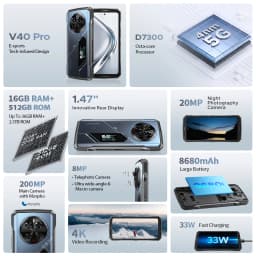 Global Version DOOGEE V40 Pro 5G Rugged Phone 6.78" Display 16GB+512GB Dimensity 7300 200MP AI Camera 8680mAh 33W Fast Charger