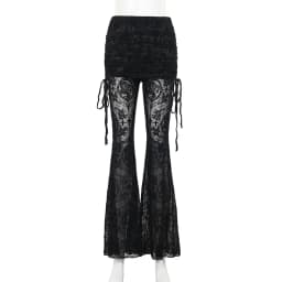 Goth Drak Elegant Fashion Flocking Print Long Pants 90s Grunge Mesh See Through Bodycon Flare Pant Mall Gothic Women Trousers