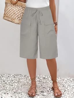 2026 New Summer Autumn Knee Length Drawstring Elastic High Waist Short Style Women's Pockets Casual Solid Color Shorts Pants