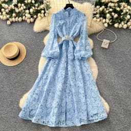 Spring Autumn High End Elegant Birthday Party Women's Dress New French Hook Flower Single Breasted Slim Lace Long Dress S89