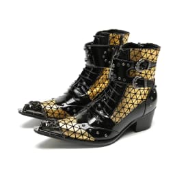 British Punk Style Men Short Ankle Boots High Heels Rivets Pointed Toe Dress Shoes Shiny Leather Mixed Color Zapatos Para Hombre
