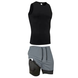 Men's Workout Running Athletic Clothing Set Sleeveless Compression Shirt Tank Top 2-in-1 Gym Shorts with Phone Pocket Towel Loop