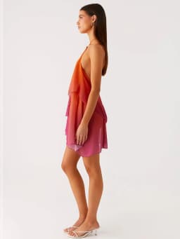 Mozision Gradient Halter Backless Sexy Mini Dress Women Gown Elegant Mesh Zipper Off-shoulder Sleeveless Club Party Dresses