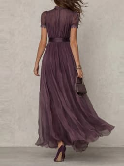 Vintage Solid Lace A-Line Long Dress Women's O Neck High Waist Pleated Party Dress Summer Short Sleeve Flowy Maxi Dresses