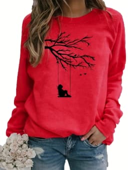Women's Autumn and Winter Loose Casual Comfortable Tree and Bird Design Printed Velvet Long-Sleeved Round Neck Hoodie Pullover