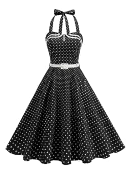 Tonval Halter Neck Polka Dot 1950s Fit and Flare Dresses Women Holiday Vintage Party Prom Shirred Back Belted Backless Dress