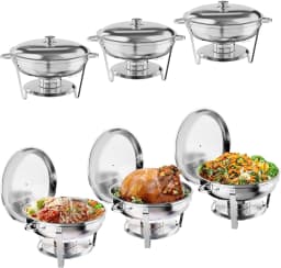 TacleeKii 2 4 6 Pack 5QT Round Chafing Dish Buffet Set With Glass Lids Stainless Steel Buffet Food Warmer Set with Serving Spoon & Tweezers for Party