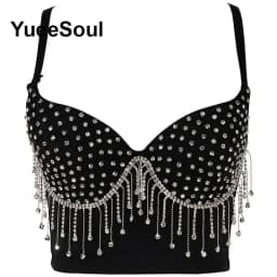 Black Y2K Tops White Rhinestone Sequins Tassel Slim Crop Top New Gothic Party Club Wedding High Street Sexy Corset Top Camis