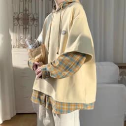 Fake Two-piece Patchwork Hooded Sweatshirt For Men Autumn Loose Long Sleeved Hoodie Tops Streetwear Hong Kong Style Fashion Coat