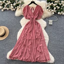 Elegant Criss-Cross chiffon short sleeve Vintage Chic Slim Ball Gown Dresses French Evening High Street Clothing