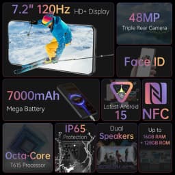 Cubot Note 60 Smartphone, Android 15, 7.2-inch 120Hz Display, Octa-core,16GB(6+10GB )RAM 128GB ROM, 48MP Camera, 7000mAh Battery