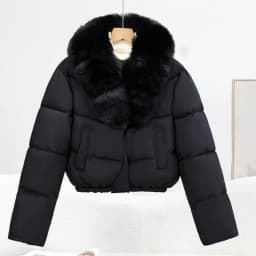 Korean Trend 2026 Winter New Women's Solid Color Short Down Cotton Jacket Simple V-neck Fashion Loose Fur Collar Jacket