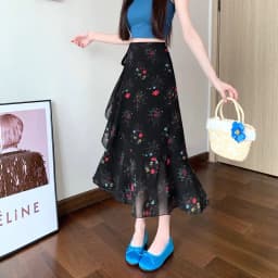 High Waist A-Line Floral Print Chiffon Halter Neck Dress Women's Summer New Style Belted Wrap Skirt Casual Polyester Fiber