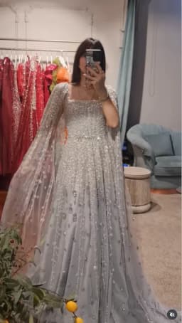 MisShow Customized Silver Gray Wedding Dress - Square Neckline with Crystal Beading, Sheer Cape Sleeves & Sparkling A Line Skirt