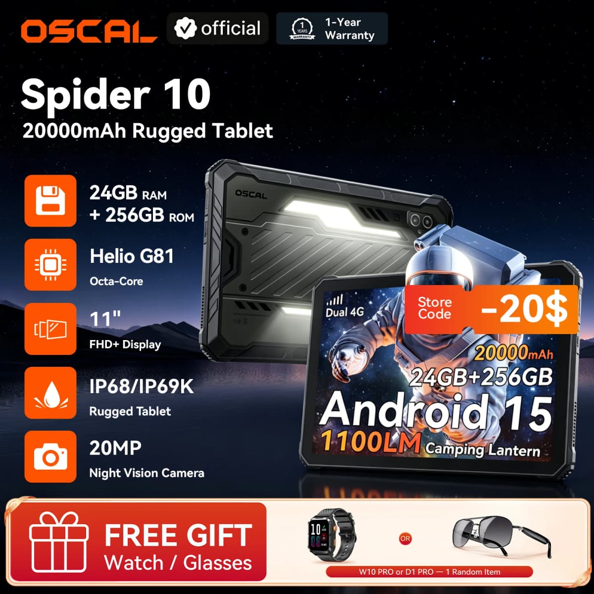 Blackview OSCAL SPIDER 10 Rugged Tablet Pad 11'' FHD+IPS Display 24GB(8+16) 256GB 20000mAh 45W MediaTek Helio G81 Android 15