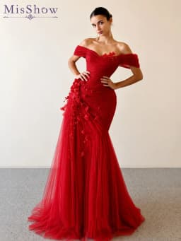 MisShow Customized Pink Off-The-Shoulder Mermaid Wedding Dress Flowers Tulle Sleeveless Wedding Party Dress Evening Dresses