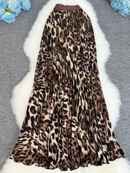 Spring Summer Leopard Print Pleated Long Skirt For Women 2026 Vintage Casual Office Lady Skirts