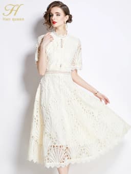 H Han Queen Spring New Elegant Casual Work Party Dresses Floral Crochet Hollow Out Lace Patchwork Casual Office Midi Dress