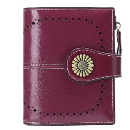 New Women RFID Blocking Genuine Leather Wallet Vintage Sunflower Buckle Short Purse 16 Card Slots ID Window Zipper Female Wallet