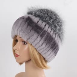 Women's Winter Warm Genuine Fur Hat Scarf Set Real Rex Rabbit Fur Cap with Silver Fox Scarves 2-Piece Natural Fashion Accessory