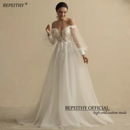 BEPEITHY Customized Boho Wedding Dresses For Women 2023 Bride Deep Neck Full Sleeves A Line Glitter Bridal Gowns Sweep Train New