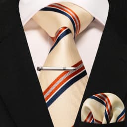 JEMYGINS Business Tie for Men Silk Navy Blue Tie Striped Paisley Necktie Handkerchief Tie Clips Set for Wedding Party Gift