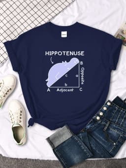 Women T-Shirt Hippo Sleeping On Math Problem Printing Shirt Females O-Neck Loose Oversize Top Slim Kawaii Animal Ladies T Shirt