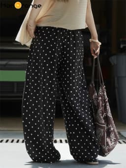 HanOrange 2026 Summer Retro Lazy Linen Polka Dot Wide Leg Pants Women High Waist Hanging Feeling Pants Black/Khaki