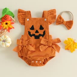 Baby Girl Halloween Bodysuits Outfit Devil Face Pattern Bows Ribbed Flying Sleeve Corduroy Romper Bow Headband 2 Pcs Set