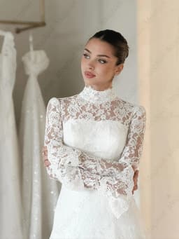 Elegant Wedding Dresses High Neck Long Sleeve A Line Lace Bride Dress for Women Sweep Train White Church Bridal Gown Customized