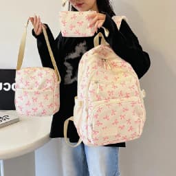3 Pcs/Set Cute girl Large Capacity Backpack Bow Print Nylon Schoolbag Adjustable Strap Women daily Campus Backpack