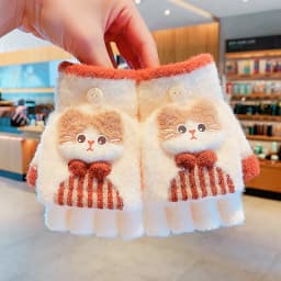 Korean Cute Kids Cartoon Cat Bow Flip Plush Mittens 6-12 Years Old Children Winter Warm Convertible Half Finger Writing Gloves