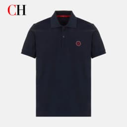 CH Red Accent Circular Rubber Patch Left Chest Premium Pique Short Sleeve Polo Shirt Men Sleek Minimalist Modern Casual Tops