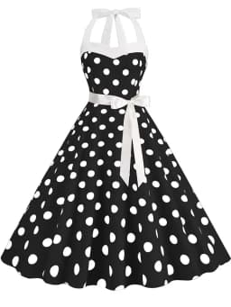 Women Summer Party Dress With Belt Polka Dot Print Halter Hepburn Robe 50s 60s Vintage Dresses