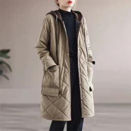 Diamond Plaid Down Cotton Jacket Loose Casual Long Cotton Jacket Autumn And Winter Hooded Stitching Padded Warm Button Outwear