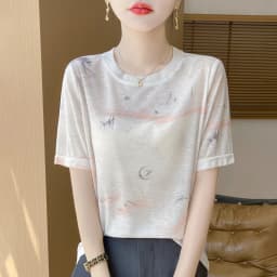 Summer New Women's Round Neck Printed Knitted Short-Sleeved Thin T-shirt Loose Bottoming Shirt