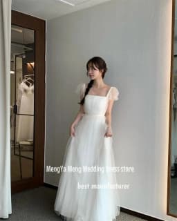 ZHUISHU Simple Square Collar A Line Tulle Wedding Dresses Korea Photoshoot Short Sleeves Floor Length Bridal Gowns Customised
