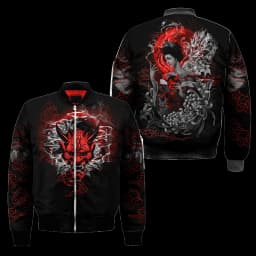Spring Autumn Mens Bomber Jacket Samurai Oni Mask Tattoo 3D All Over Printed Zip Tracksuits Unisex Casual Zipper Jacket Clothing