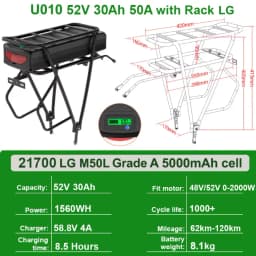 48V 15Ah Rear Rack Electric EBike Battery 36v 15AH Carrier Battery Lithium 48V 18AH 52V 20AH for 1500W 1000W 750W 500W Motor