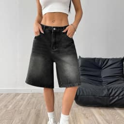 Women's Bermuda Jean Shorts High Waisted Knee Length Baggy Jorts Wide Leg Loose Denim Shorts with Pockets