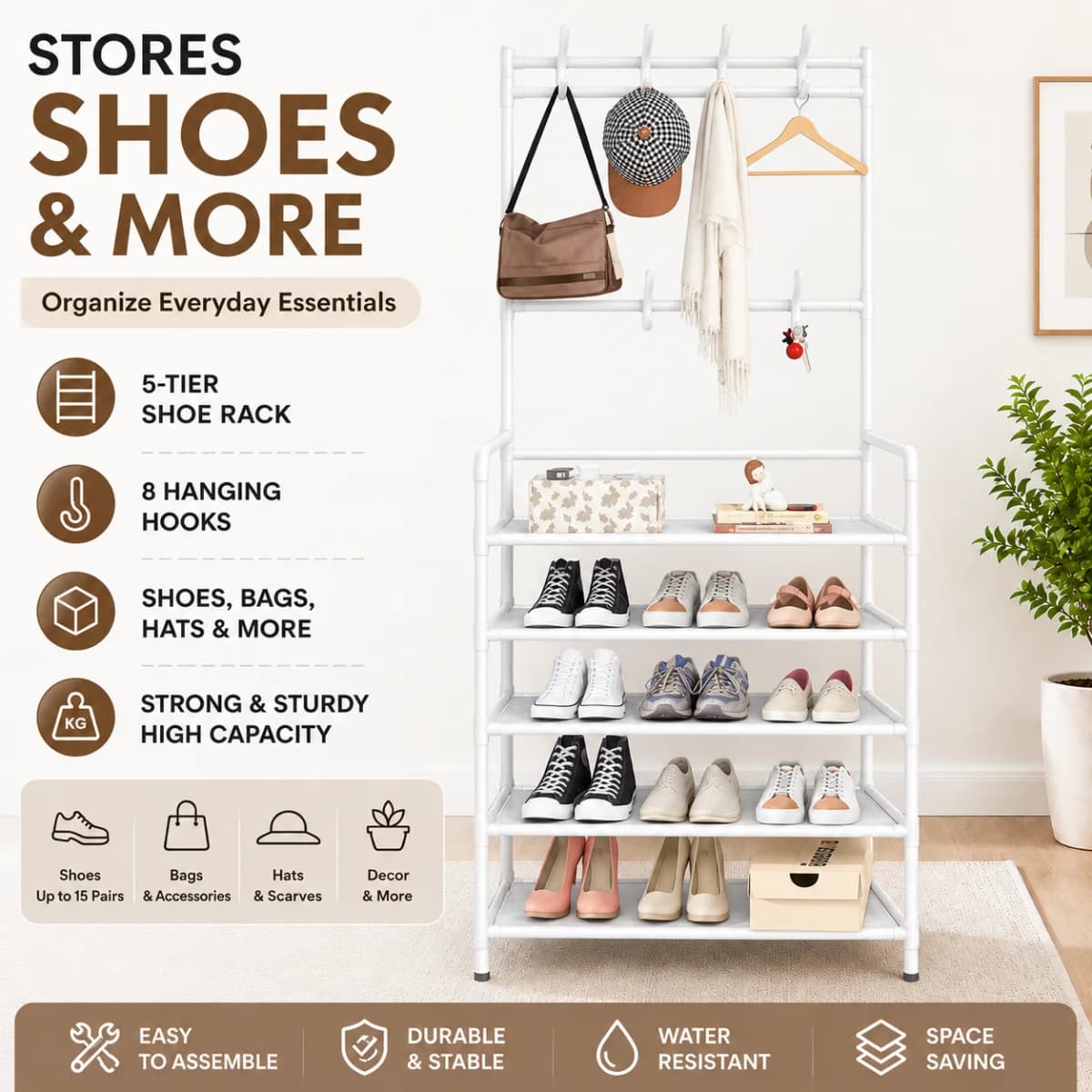 White5 Tier Shoe Rack with Hooks, Space Saving Entryway Organizer for Shoes, Bags, Hats, Closet & Bedroom