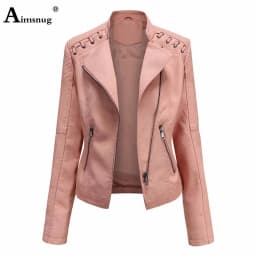 Yellow Red Faux Pu Leather Jackets 2025 Spring Autumn Fashion Zip up Top Outerwear Lady Basic Coats Plus Size Female Jackets New