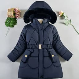 2024 New Winter Keep Warm Girls Jacket Waist Belt Design Detachable Hat Lining Plush Hooded Heavy Coat For Kids